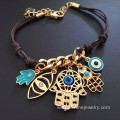 Leather Knots Chain Evil Eye Bracelet With Hamsa Pendant